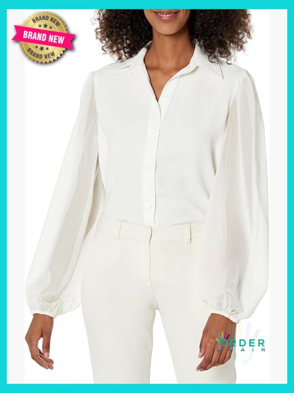 Chic Button Front Blouse Relaxed Fit Contrast Chiffon Sleeves Elegant Collared